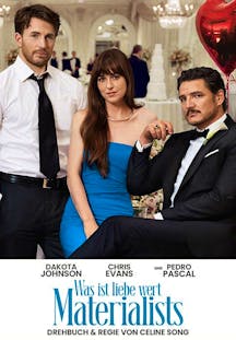 Filmposter Materialists: Dakota Johnson, Chris Evans, Pedro Pascal bei einer Hochzeit.