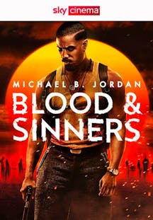 Filmplakat von Blood & Sinners: Mann mit Waffe vor orangem Himmel.