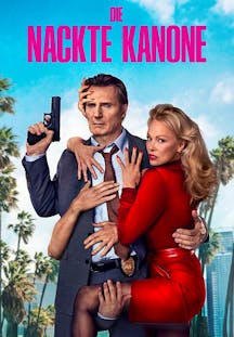 Filmposter Die nackte Kanone: Mann mit Waffe, umgeben von Händen, Frau im roten Kleid.