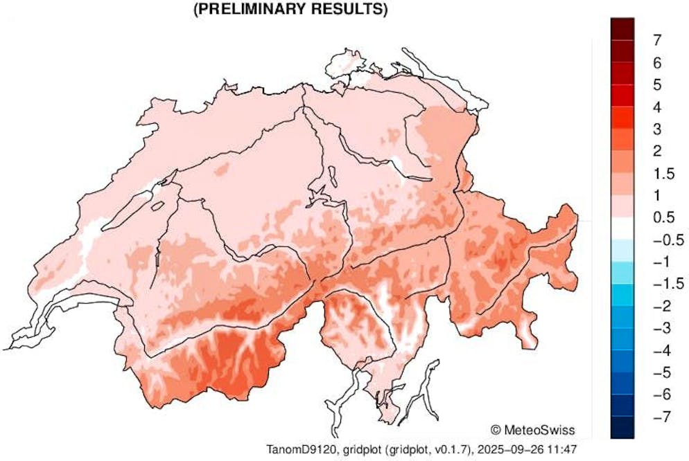 The colors show how much the monthly average temperature deviated from the multi-year average (1991-2020).