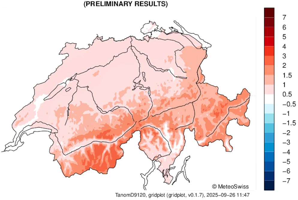Die Farben zeigen an, wie stark die Monatsmitteltemperatur vom mehrjährigen Durchschnitt (1991–2020) abgewichen hat.
