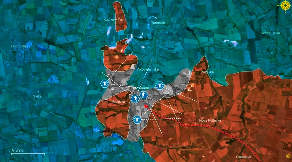 I russi restano accerchiati a est di Pokrovsk. Il problema: nella zona contesa (qui in grigio), le forze armate ucraine stanno dando la caccia alle truppe di soccorso con i droni e puntano sui soldati rintanati nelle case.