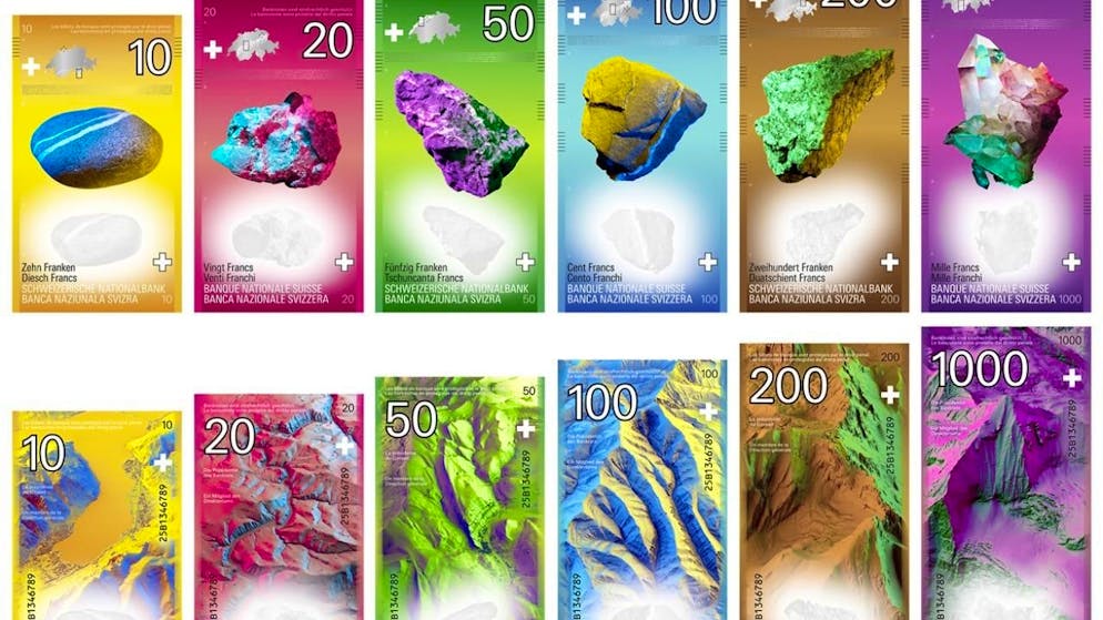 Wettbewerb für neue Banknoten geht in nächste Runde - Gallery. Weiter im Rennen ist auch der Vorschlag des Studio Marcus Kraft. Hier steht das Gestein der Schweiz im Fokus.