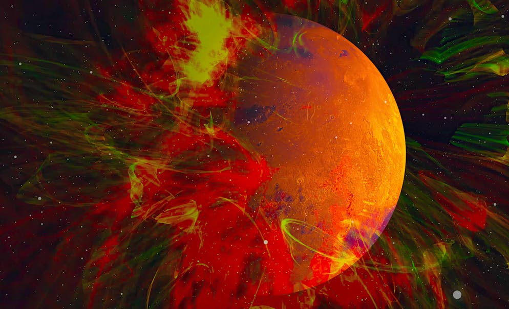 Image d'illustration générée par ordinateur. La planète Mars avec une nébuleuse.