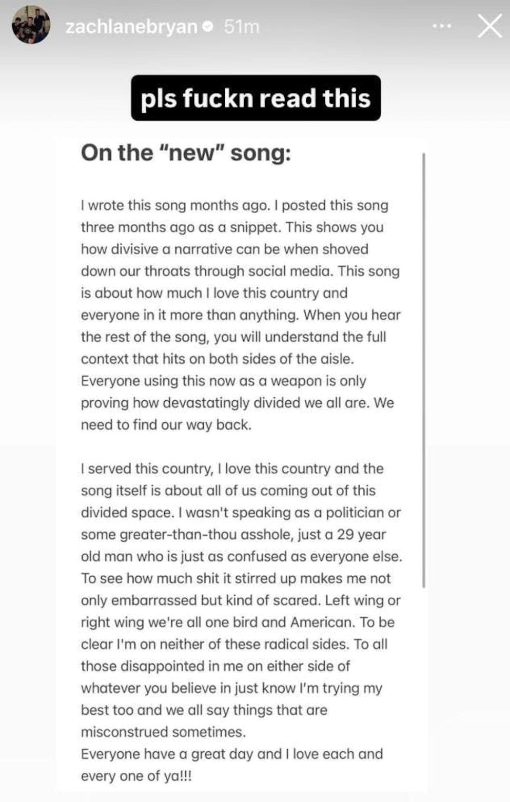 Country musician Zach Bryan defended his song on his Instagram story.
