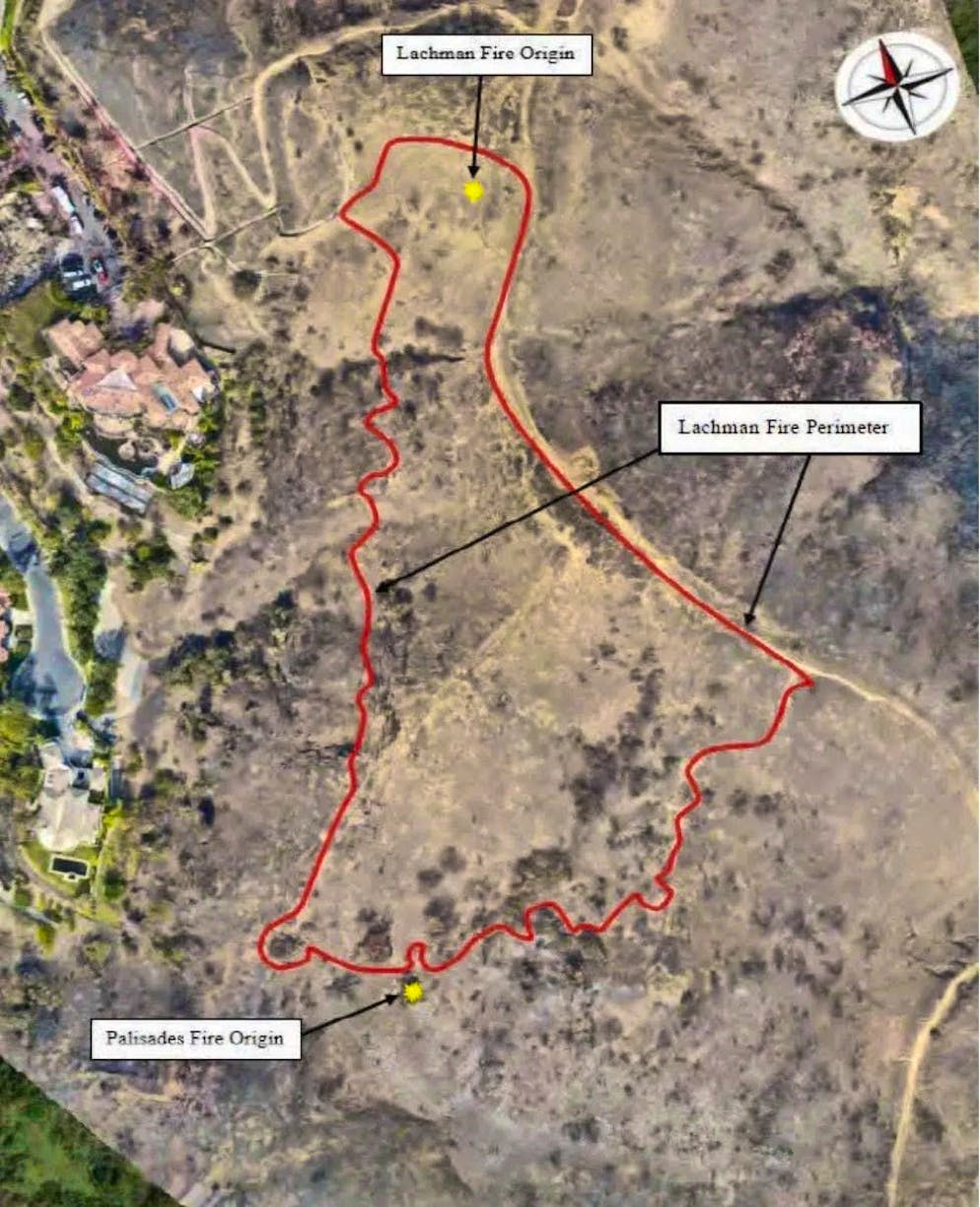 A US federal court image shows the origins of the Palisades and Lachman fires near Los Angeles.