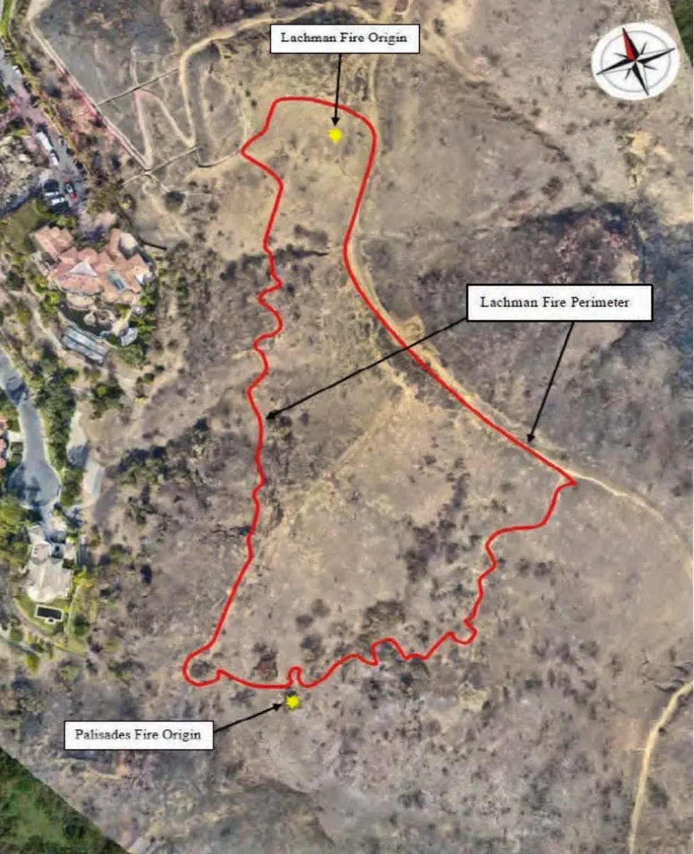 Auf einem Bild eines US-Bundesgerichts sind die Ursprünge der Palisades- und Lachman-Brände bei Los Angeles zu sehen. 