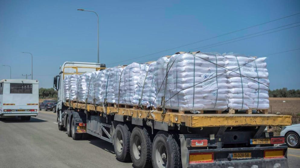 ARCHIV - Lastwagen mit dem Logo des Welternährungsprogramms liefern Hilfsgüter über den Grenzübergang Kerem Shalom nach Gaza. Foto: ILIA YEFIMOVICH/dpa