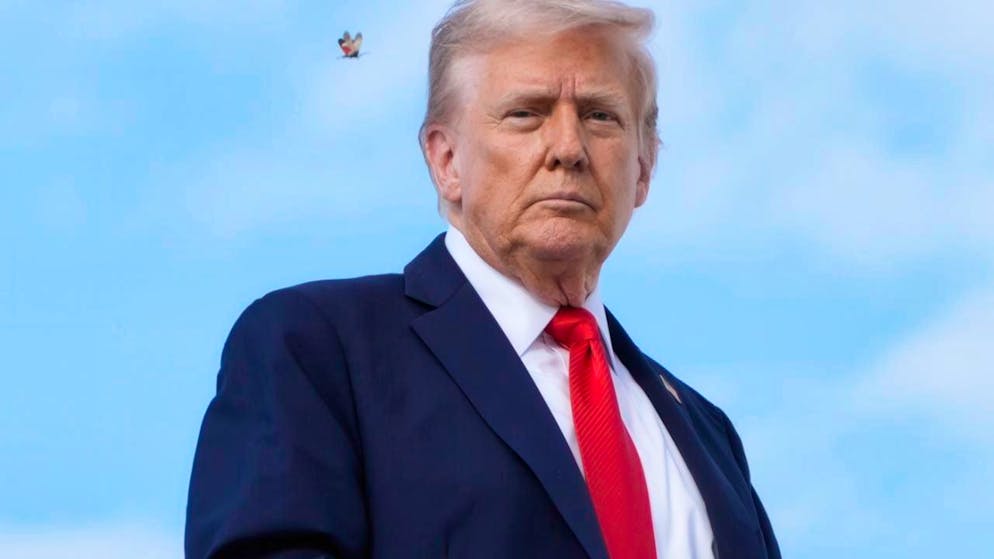 ARCHIV - Eine gefleckte Laternenfliege fliegt an US-Präsident Donald Trump vorbei, als er auf der Joint Base Andrews an Bord der Air Force One geht, um nach New York zu reisen. Foto: Alex Brandon/AP/dpa