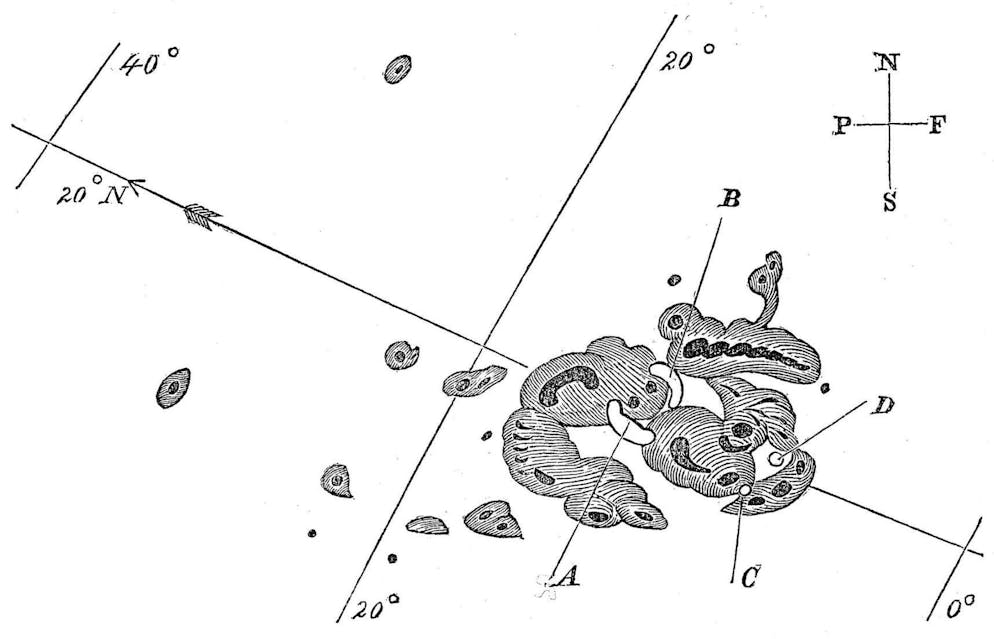 Sunspots and flashes on September 1, 1859, drawn by Richard Carrington. He was an English astronomer - the 1859 event was named after him.