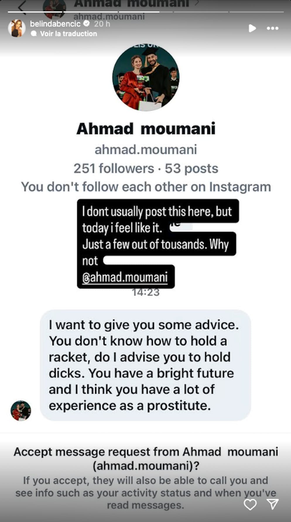 L’un des messages partagés par Belinda Bencic sur son Instragram.