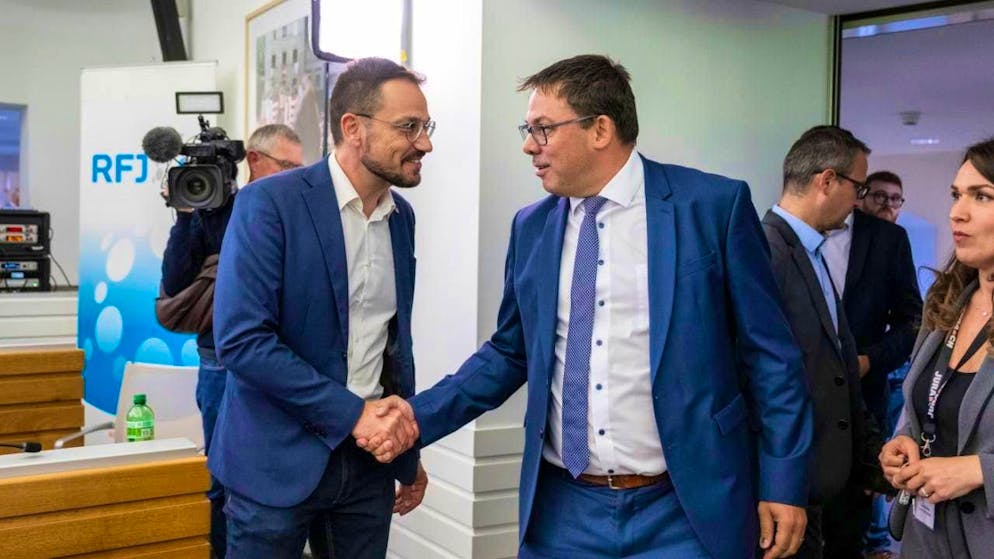 Martial Courtet and Stéphane Theurillat at the election forum in Delsberg. Both incumbents have to go through to the second ballot.