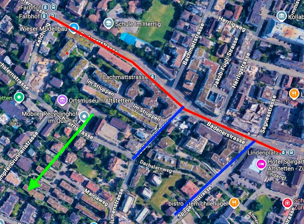 The red line shows the traffic jam on Badenerstrasse. The roads marked in blue are Feldblumenstrasse and Spirgartenstrasse, which drivers use to avoid the traffic jam. The green arrow shows in which direction the children from the neighborhood have to walk to reach the school.