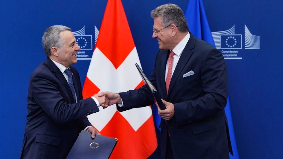 Die SVP lehnt das vom Bundesrat neu verhandelte EU-Vertragspaket vollumfänglich ab. (Archivbild: Aussenminister Ignazio Cassis und EU-Kommissar Maros Sefcovic)