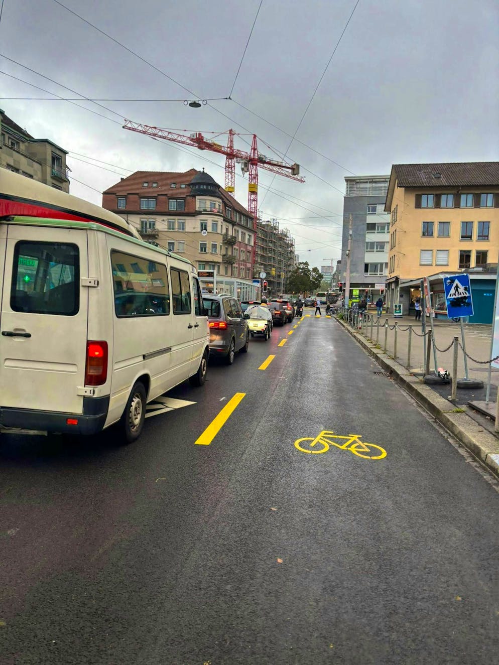 There used to be a double lane here. One was sacrificed for the bicycles. Now the traffic is jammed.