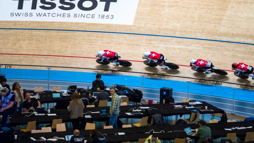 Der Schweizer Bahn-Vierer unterwegs an der WM 2024 in Dänemark.