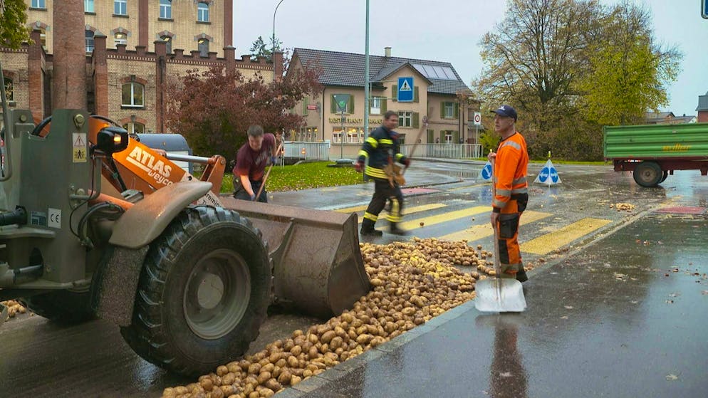 Several tons of potatoes lying on the road 