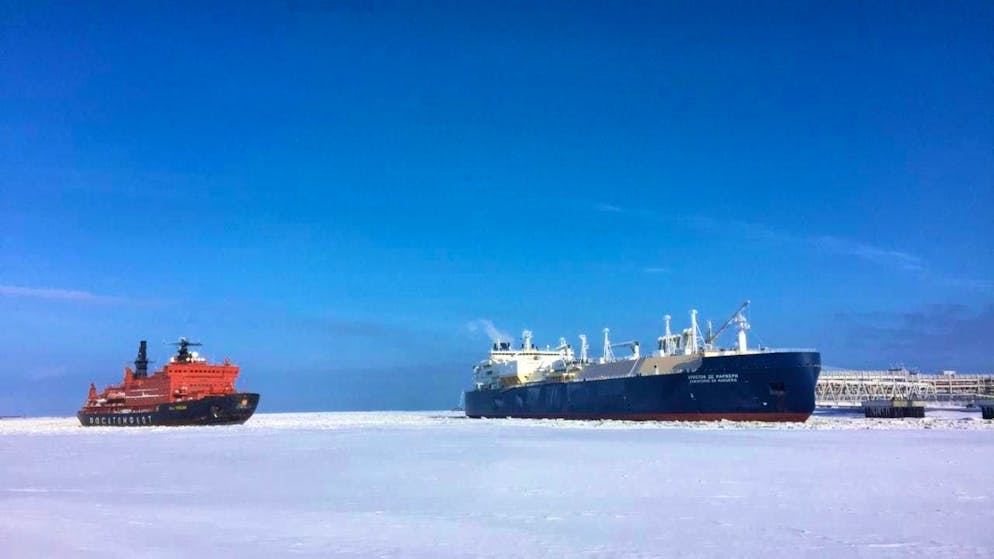 ARCHIVE - The gas tanker "Christophe de Margerie" (right) is moored in the port of Sabetta on the Yamal Peninsula in northern Russia. Photo: Friedemann Kohler/dpa/Archive image