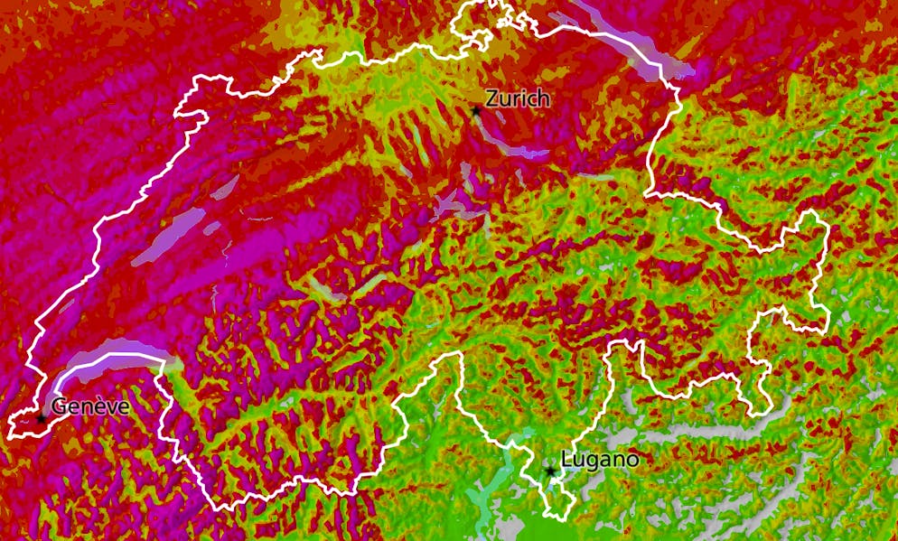 La carte des vents pour ce jeudi à 13h: en rose, les rafales annoncées à plus de 108 km/h, en rouge entre 84 et 96km/h.