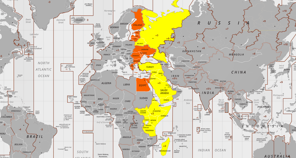 Die Zeitzone UTC +3 alias MESZ +2.