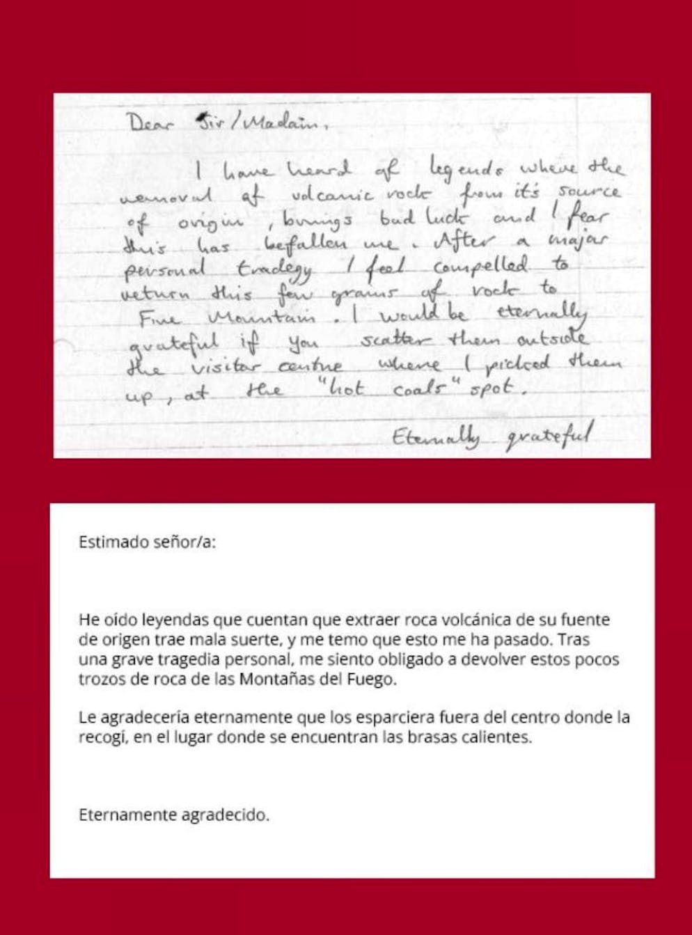 The park published his letter and warned against collecting stones.