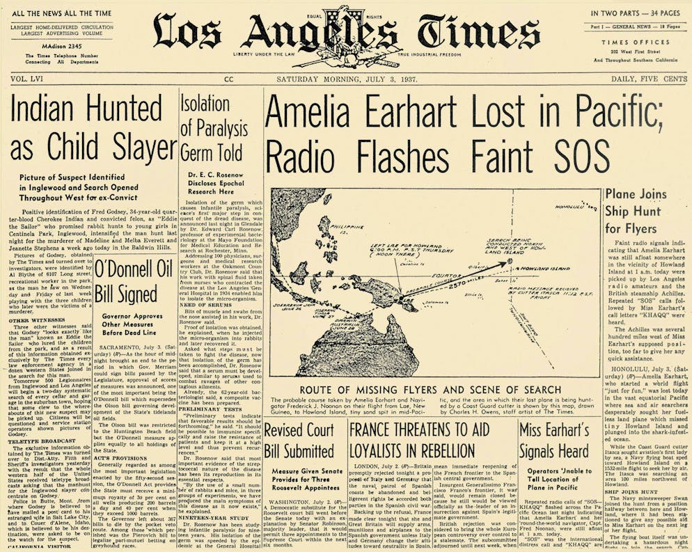 Amelia Earhart in immagini. Prima pagina del Los Angeles Times del 3 luglio 1937, giorno in cui Amelia Earhart scomparve senza lasciare traccia sopra l'Oceano Pacifico mentre tentava di diventare la prima donna a volare intorno al mondo.