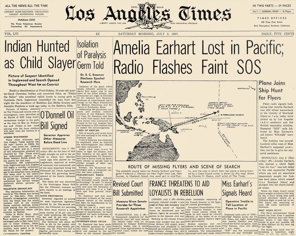 Neue Spuren sollen zum Wrack von Abenteurerin Amelia Earhart führen. Titelseite der «Los Angeles Times» vom 3. Juli 1937 – an diesem Tag verschwand Amelia Earhart spurlos über dem Pazifik.