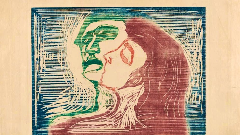 "Kopf bei Kopf", a woodcut by Edvard Munch in the cabinet exhibition "Druck gemacht! Masterpieces on paper from Albrecht Dürer to Dieter Roth" at the Kunsthaus Zürich.