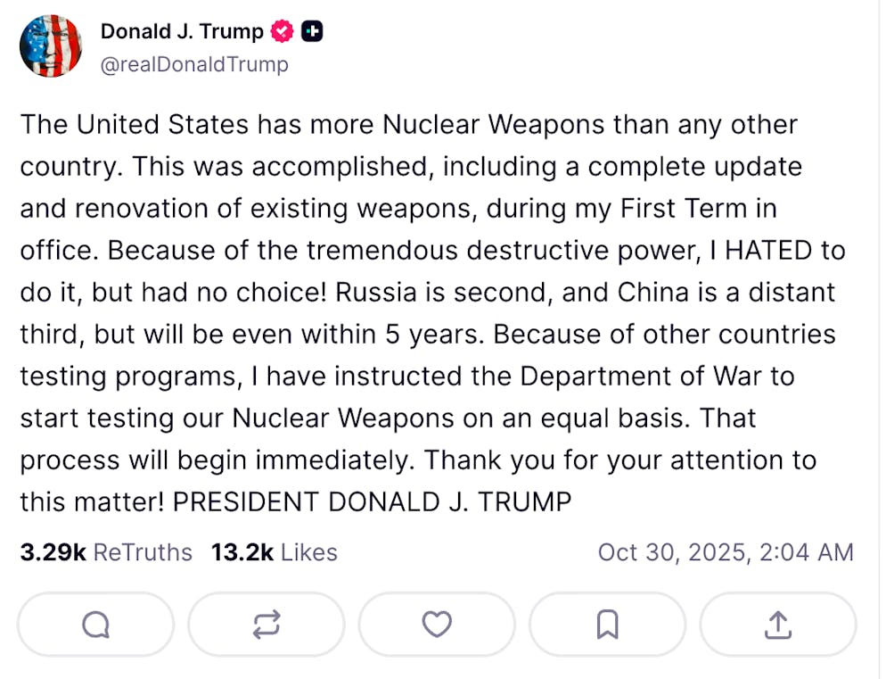 Trunp droht mit der sofortigen Wiederaufnahme von nuklearen Tests.