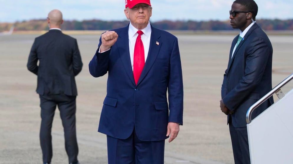 US-Präsident Donald Trump gestikuliert bei seiner Ankunft in der Air Force One auf dem Joint Base Andrews, nach seiner Rückkehr von einer Asienreise. Foto: Mark Schiefelbein/AP/dpa