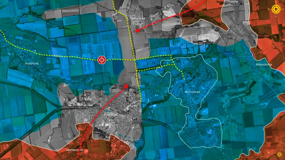 The connecting roads to Myrnohrad (yellow dashed line).