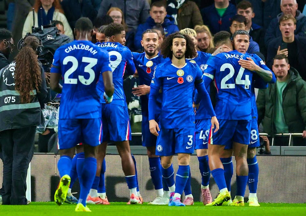 Chelsea celebrate the opening goal by Joao Pedro.