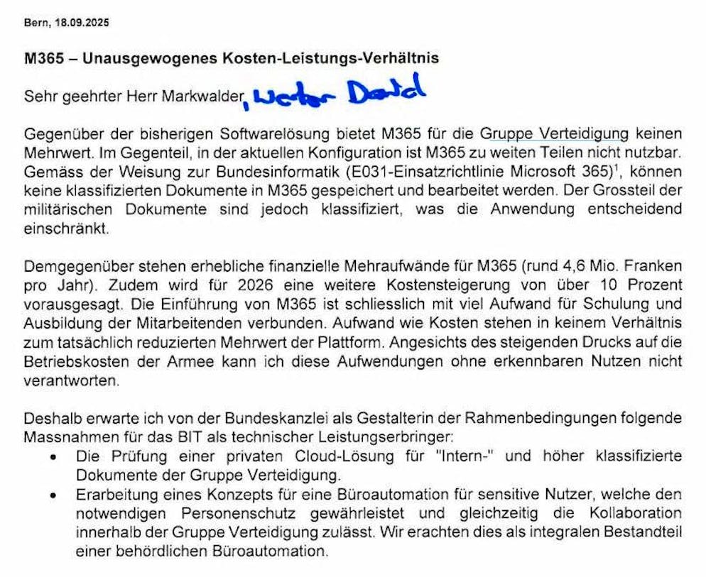 Thomas Süssli does not want sensitive army data to be stored in the cloud.
