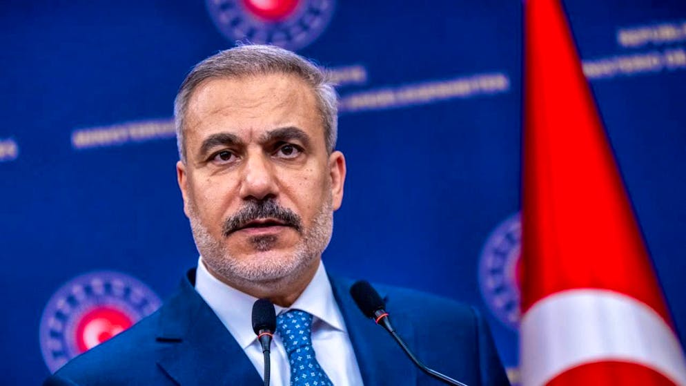 ARCHIVE - Hakan Fidan, Foreign Minister of Turkey, attends a press conference after the meeting with Foreign Minister Wadephul at the Foreign Ministry. Among other things, the meeting focused on efforts to implement the Gaza peace plan and the situation in Ukraine and Syria. Photo: Michael Kappeler/dpa