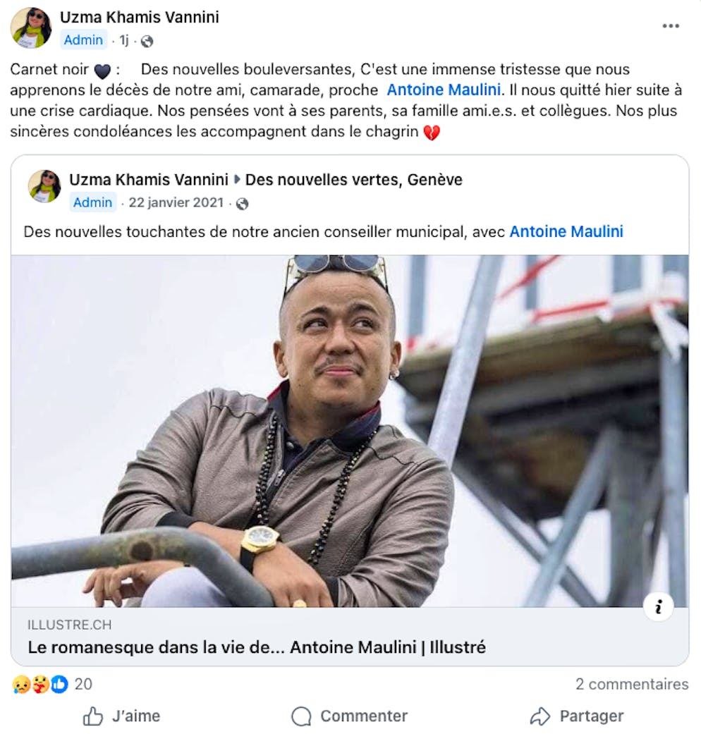 Décédé à l'âge de 38 ans, le comédien genevois Antoine Maulini avait siégé à plusieurs reprises au Conseil municipal de la Ville de Genève dans les rangs des Vert-e-s.