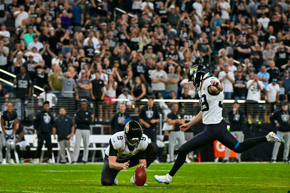 Cam Little of the Jacksonville Jaguars with his record field goal from 68 yards.