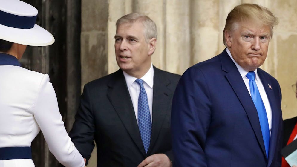 US-Präsident Donald Trump (r.) und First Lady Melania Trump (l.) mit Andrew – damals noch Prinz Andrew, – am 3. Juni 2019 in London. 