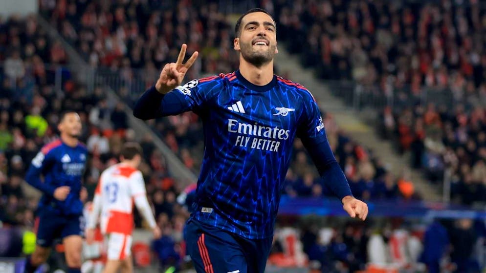 Arsenals Mikel Merino zeigt es an: Er hat in Prag zwei Tore erzielt