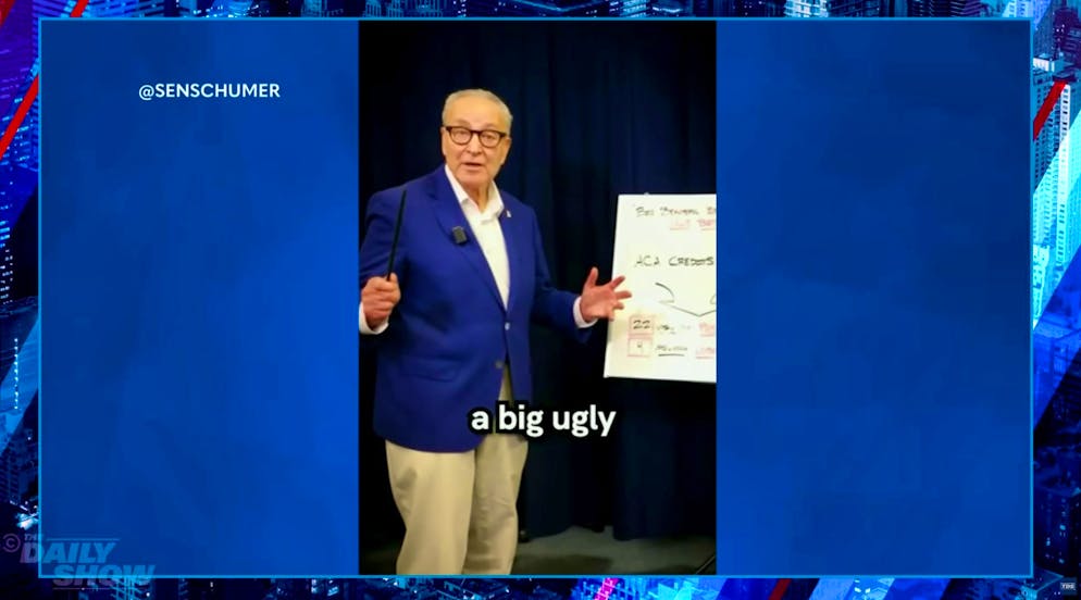 Like the teacher-in-chief: Chuck Schumer tries to make opposition at a blackboard.