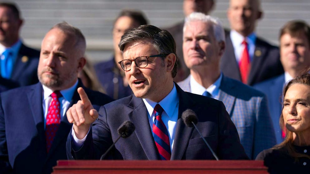 House Republican Leader Mike Johnson (center) and colleagues comment on Tuesday's election on the steps of the Capitol in Washington on Wednesday.