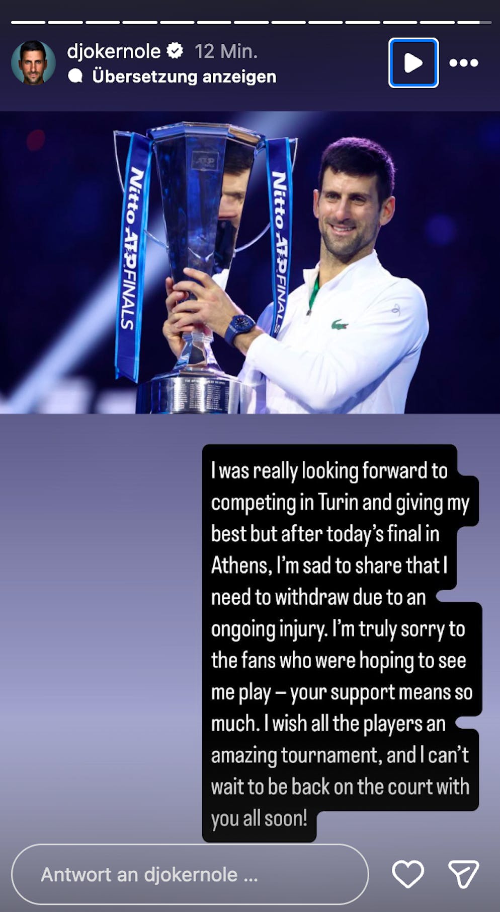 Auf Instagram erklärt Djokovic, dass er die ATP Finals auslässt.