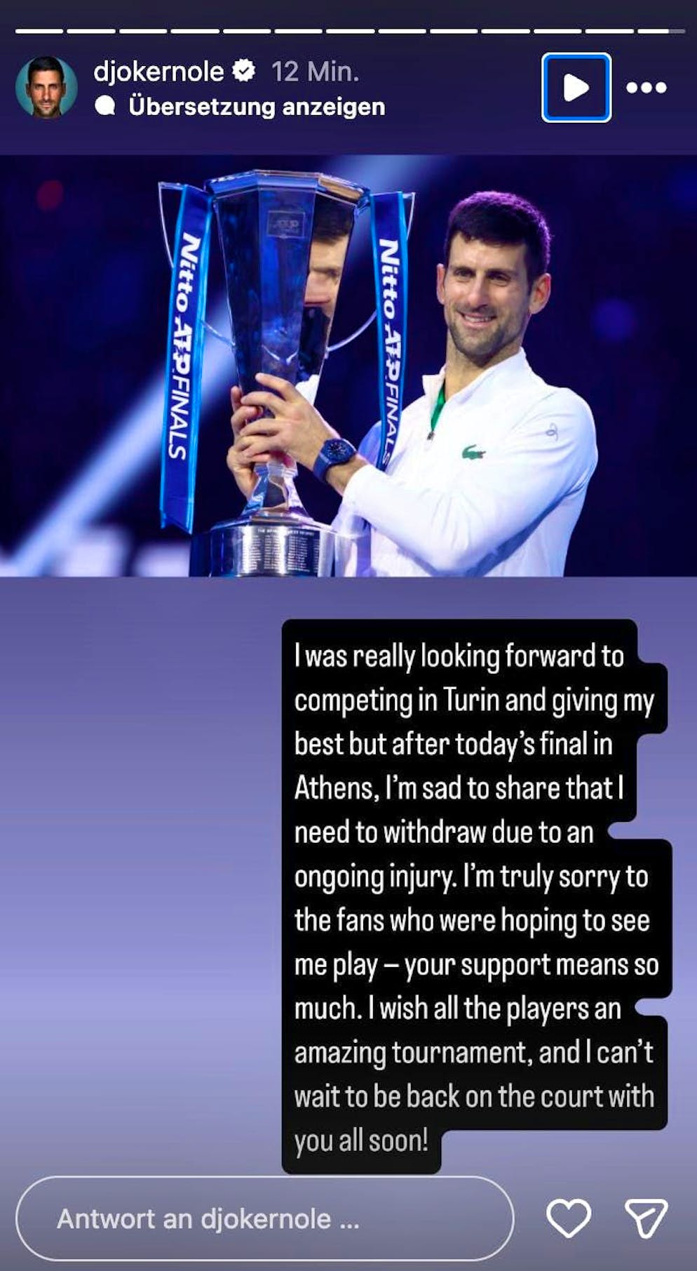 Djokovic explains on Instagram that he is skipping the ATP Finals.