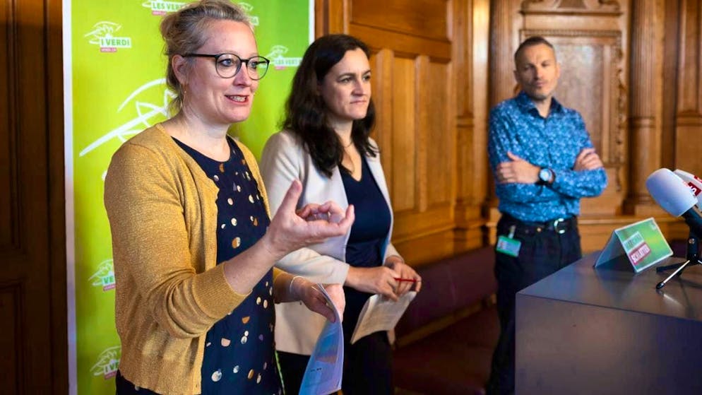 Green parliamentary group leader Aline Trede (in the foreground) together with National Councillor Marionna Schlatter (ZH) and Christophe Clivaz (VS) are calling for a national climate summit to be organized without delay.