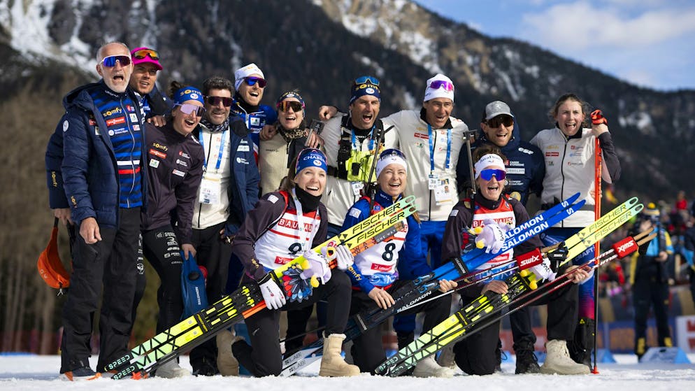 Ein Bild aus besseren Zeiten: Das französische Biathlon-Team in Feierlaune.