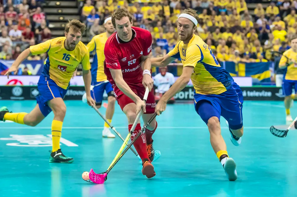 Patrick Mendelin against Sweden in the semi-final at the 2018 Floorball World Championships.