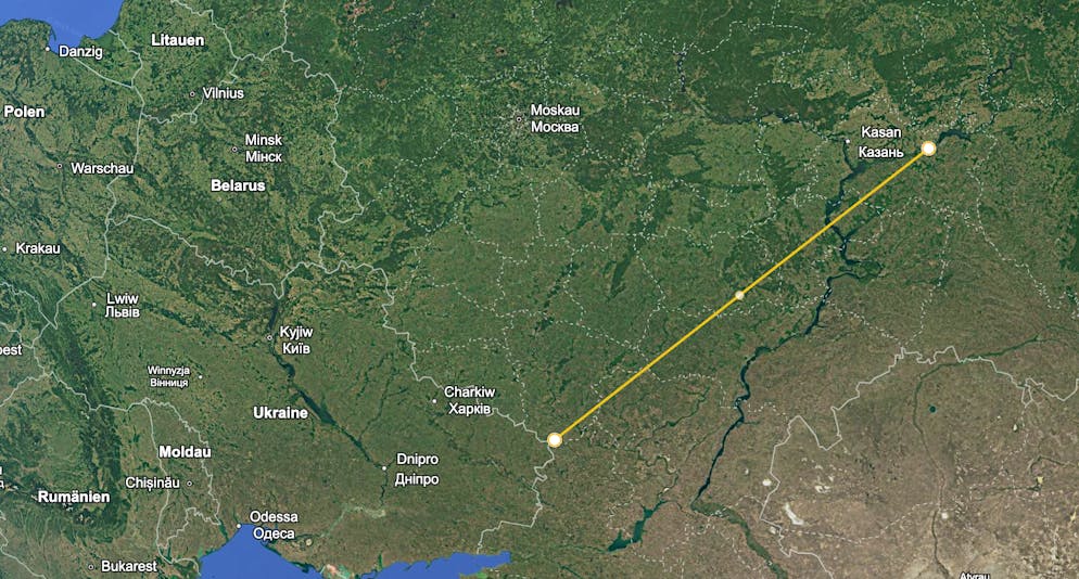 Distanz von Nischnekamsk bis zur ukrainischen Grenze.