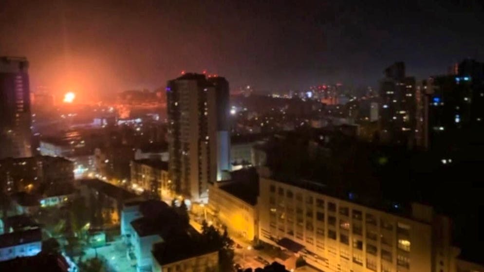 In this video still, an explosion can be seen in the distance during an attack on the Ukrainian region of Kiev. Photo: Uncredited/AP/dpa