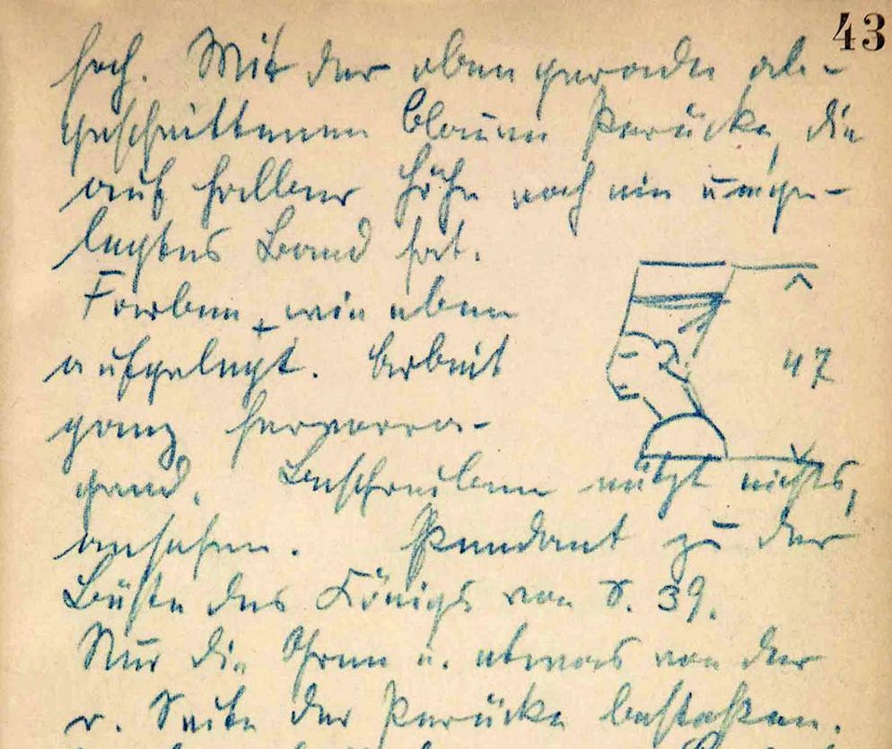 Die Nofretete – Schönheit, Macht und ein Rätsel der Geschichte. Ludwig Borchardt dokumentiert den Fund der Nofretete im Grabungstagebuch: Neben einer Skizze der Büste schreibt er: Lebensgrosse bemalte Büste der Königin, 47 cm hoch, mit der oben gerade abgeschnittenen blauen Perücke, die auf halber Höhe noch ein umgelegtes Band hat. Farben wie eben aufgelegt. Arbeit ganz hervorragend. Beschreiben nützt nichts, ansehen.