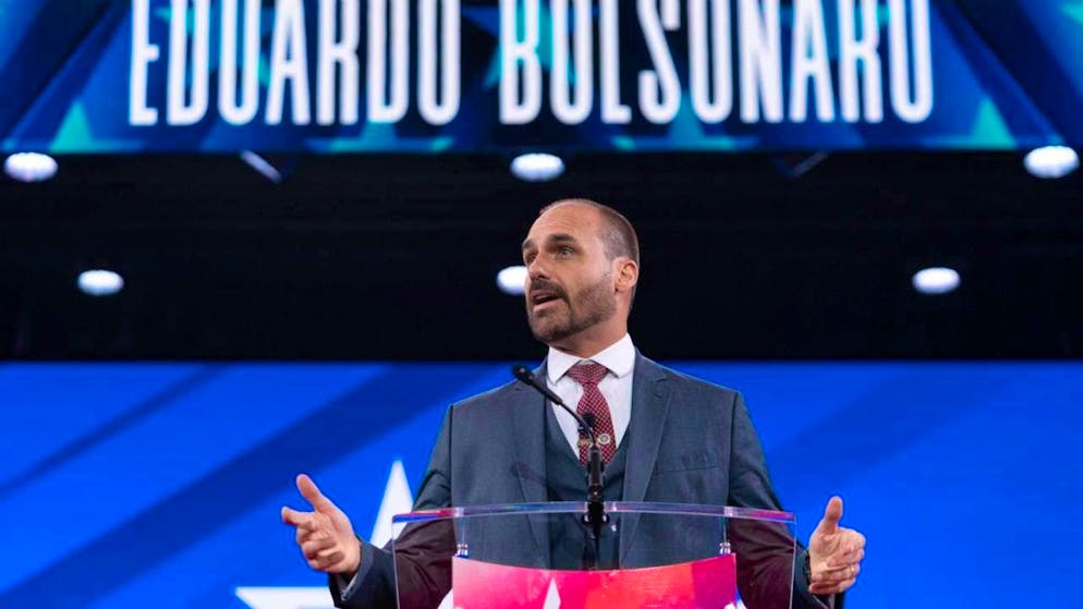 ARCHIVE - Eduardo Bolsonaro, member of the Brazilian Chamber of Deputies, speaks during the Conservative Political Action Conference (CPAC) in Oxon Hill. Photo: Jose Luis Magana/FR159526 AP/dpa