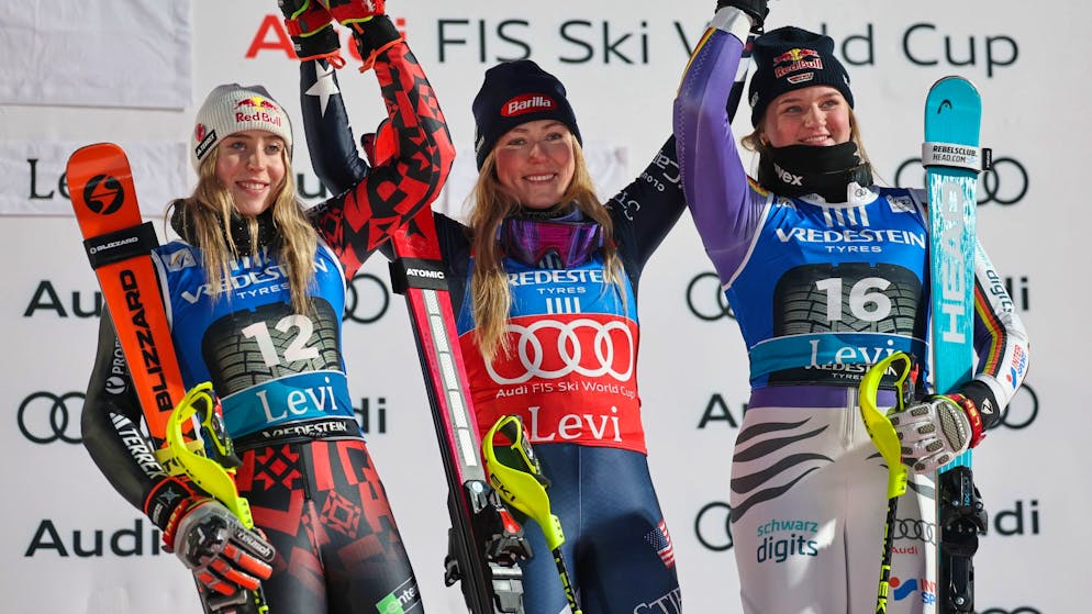 Das Podest mit Colturi, Shiffrin und Aicher.